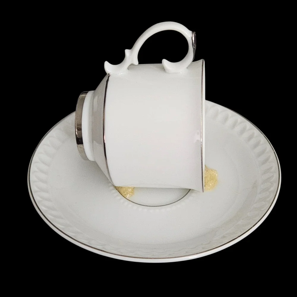 Repurposed Teacup Bird Feeder White Porcelain Silver Trim Decor